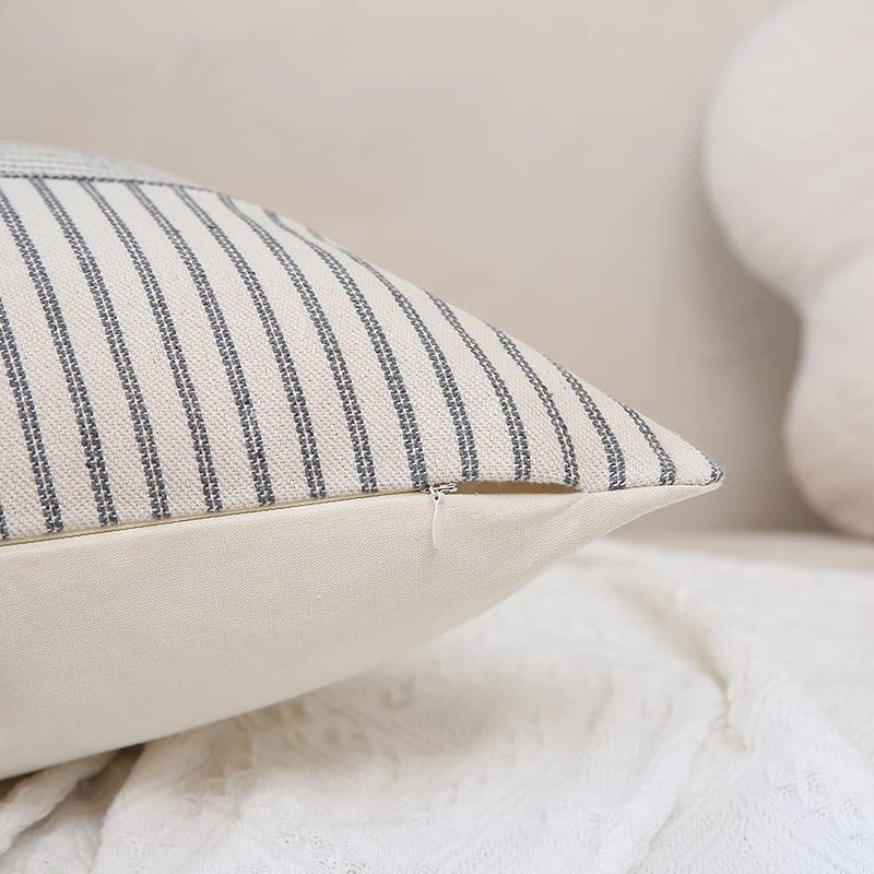 Hckot Set of 2 Farmhouse Throw Pillow Covers 18 x 18 Striped Linen Decorative Pillows Case for Sofa Couch Chair Bedroom Modern Decor(Grey) - Image 4